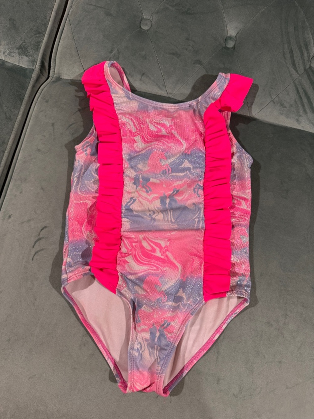 Betsey Johnson Girls Pink & Blue Marble Ruffle One-Piece Swimsuit